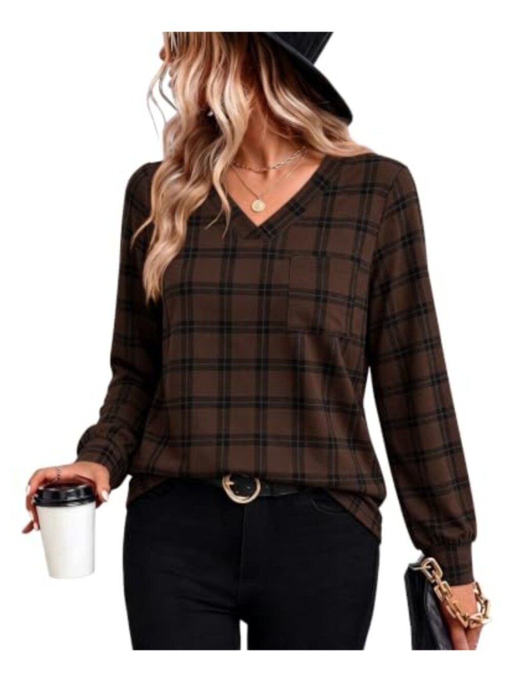Womens Long Sleeve V Neck Plaid Top Casual Fall Outfit T-Shirt